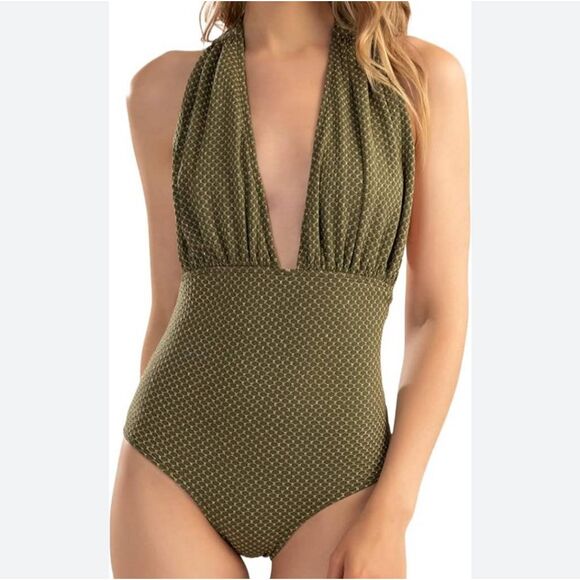 NWT Shoshanna Halter One Piece Swimsuit Sz 10 Olive Gold Shimmery Open Back